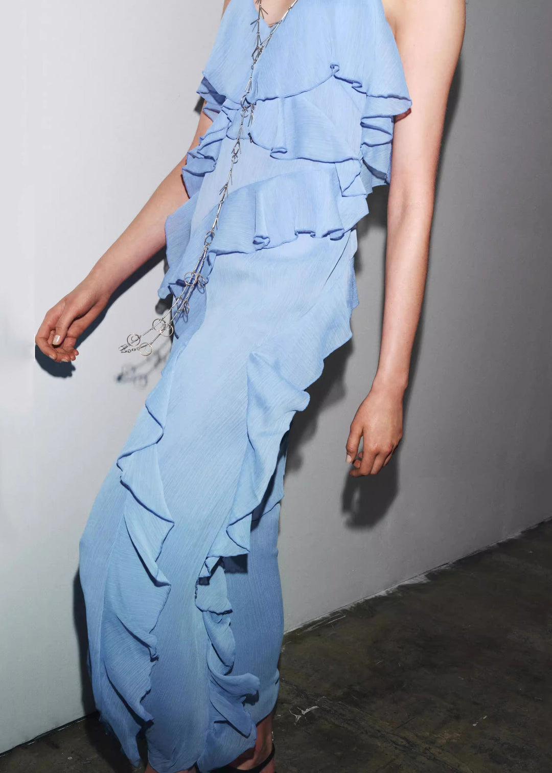 Elegant Blue V Neck Ruffled Chiffon Spaghetti Strap Dress Sleeveless