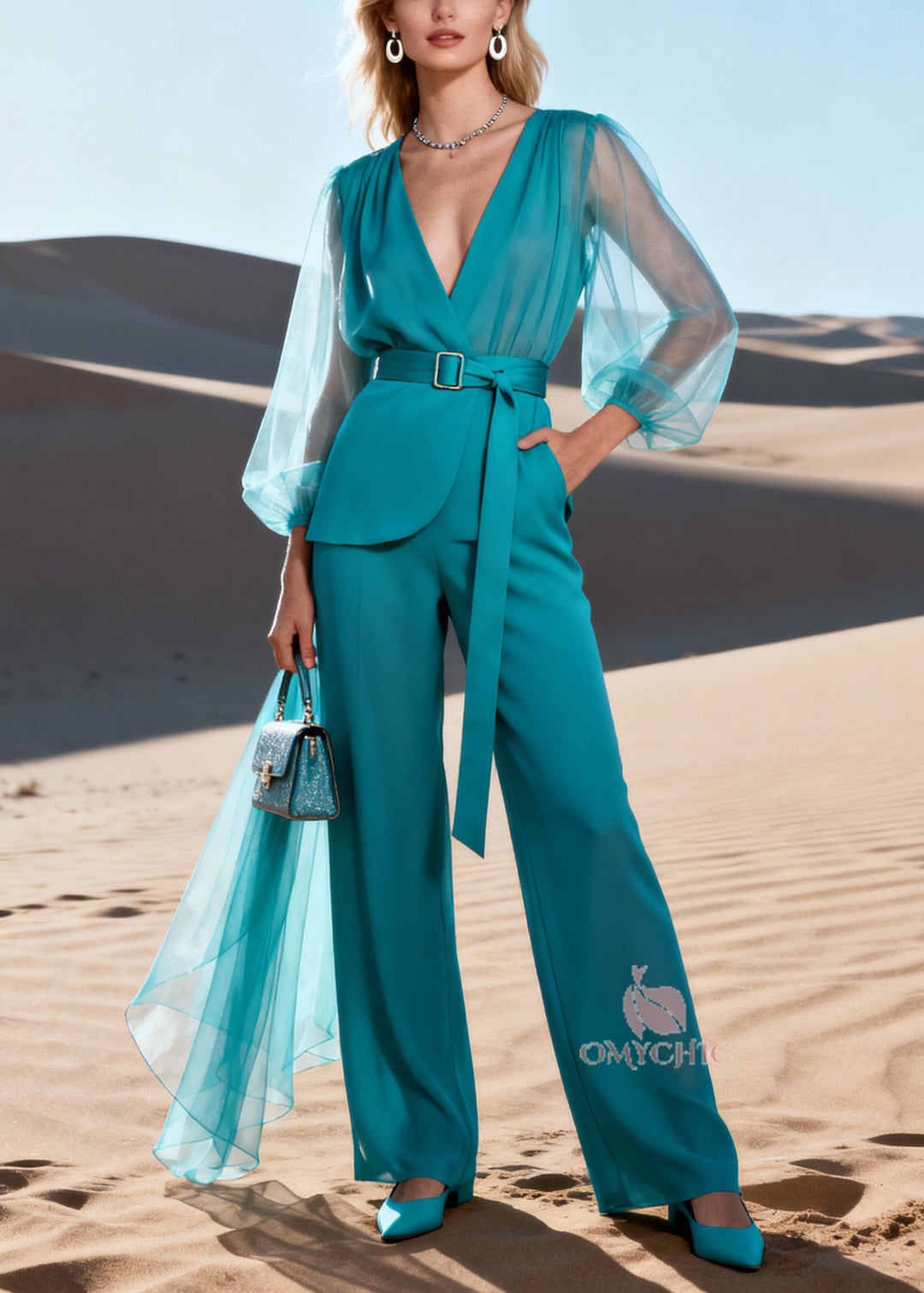 Elegant Blue V Neck Tulle Patchwork Top And Straight Pants Two Piece Set Lantern Sleeve