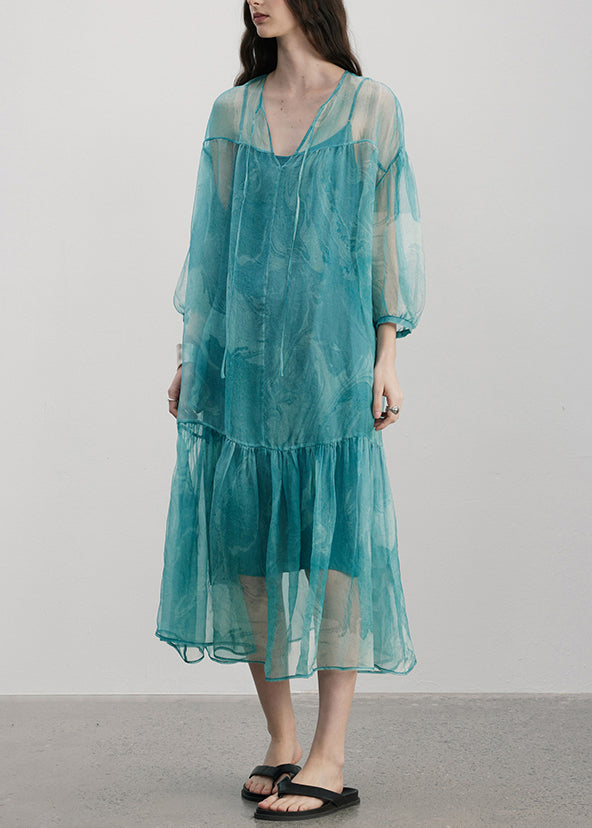 Elegant Blue V Neck Wrinkled Patchwork Silk Dress Summer