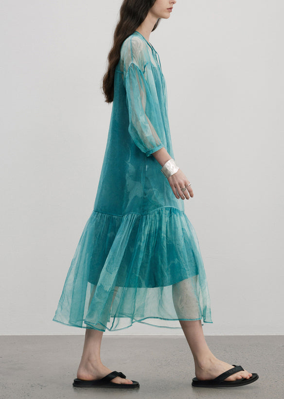 Elegant Blue V Neck Wrinkled Patchwork Silk Dress Summer
