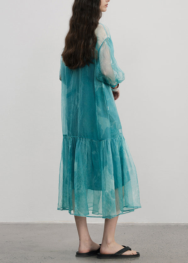Elegant Blue V Neck Wrinkled Patchwork Silk Dress Summer