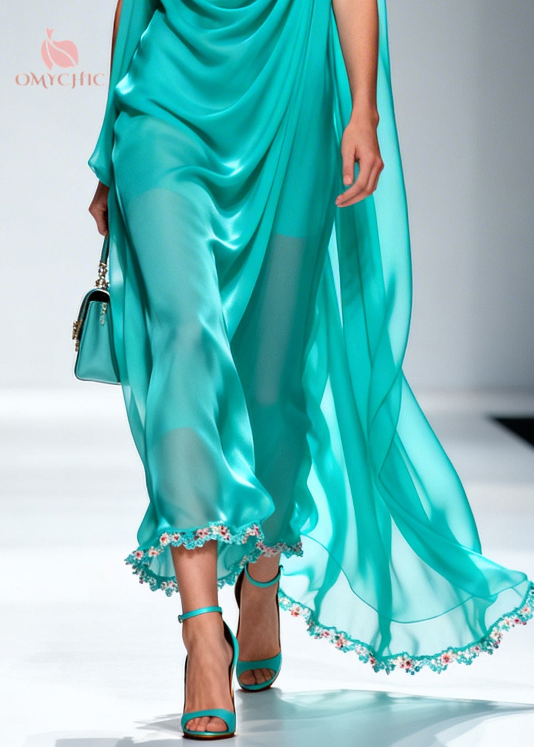 Elegant Blue Wrinkled Draping Chiffon Long Dress Summer