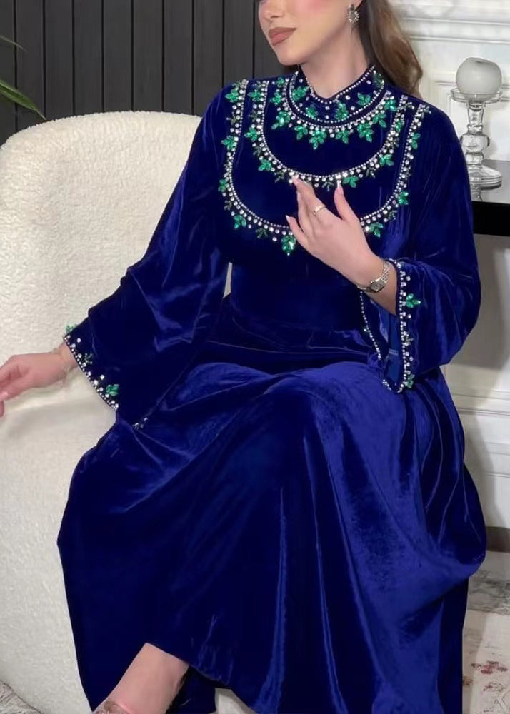 Elegant Blue Zippered Zircon Silk Velvet Long Dress Long Sleeve