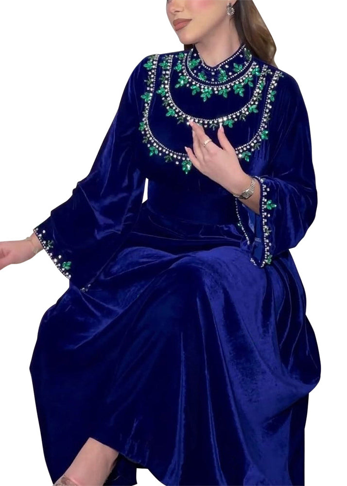 Elegant Blue Zippered Zircon Silk Velvet Long Dress Long Sleeve