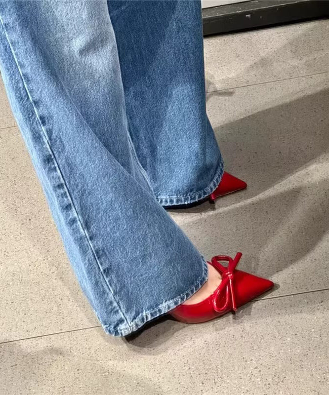Elegant Bow Splicing Stiletto High Heels Red Faux Leather
