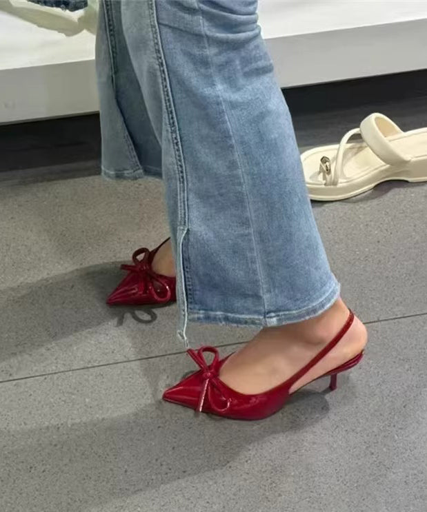 Elegant Bow Splicing Stiletto High Heels Red Faux Leather
