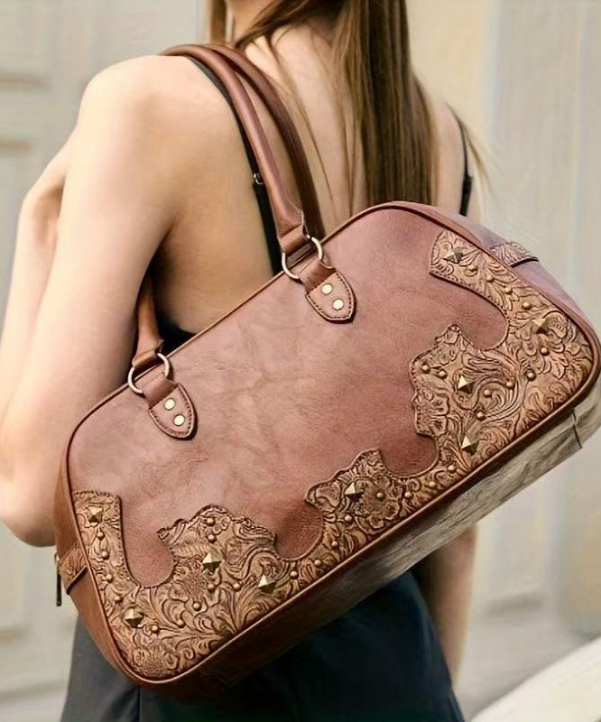 Elegant Brown Appliqued Rivet Faux Leather Shoulder Bags