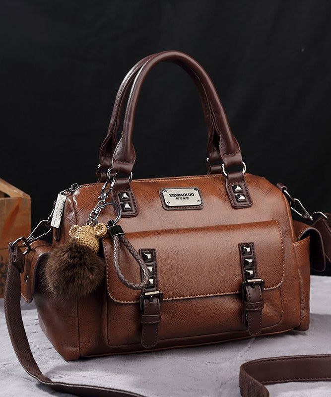 Elegant Brown Durable Rivet Calf Leather Tote Bag