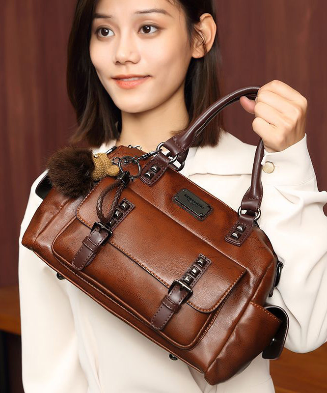 Elegant Brown Durable Rivet Calf Leather Tote Bag