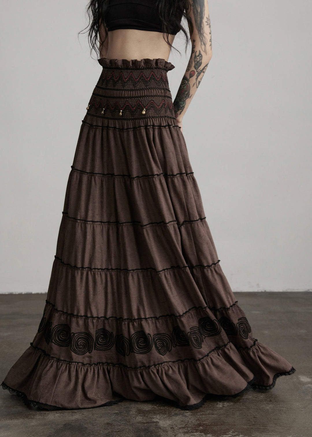 Elegant Brown Embroidered Tasseled Cotton Holiday Skirt Spring