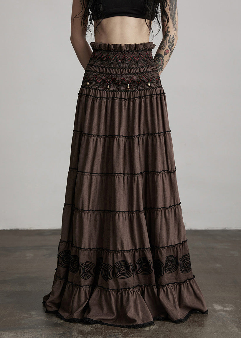 Elegant Brown Embroidered Tasseled Cotton Holiday Skirt Spring