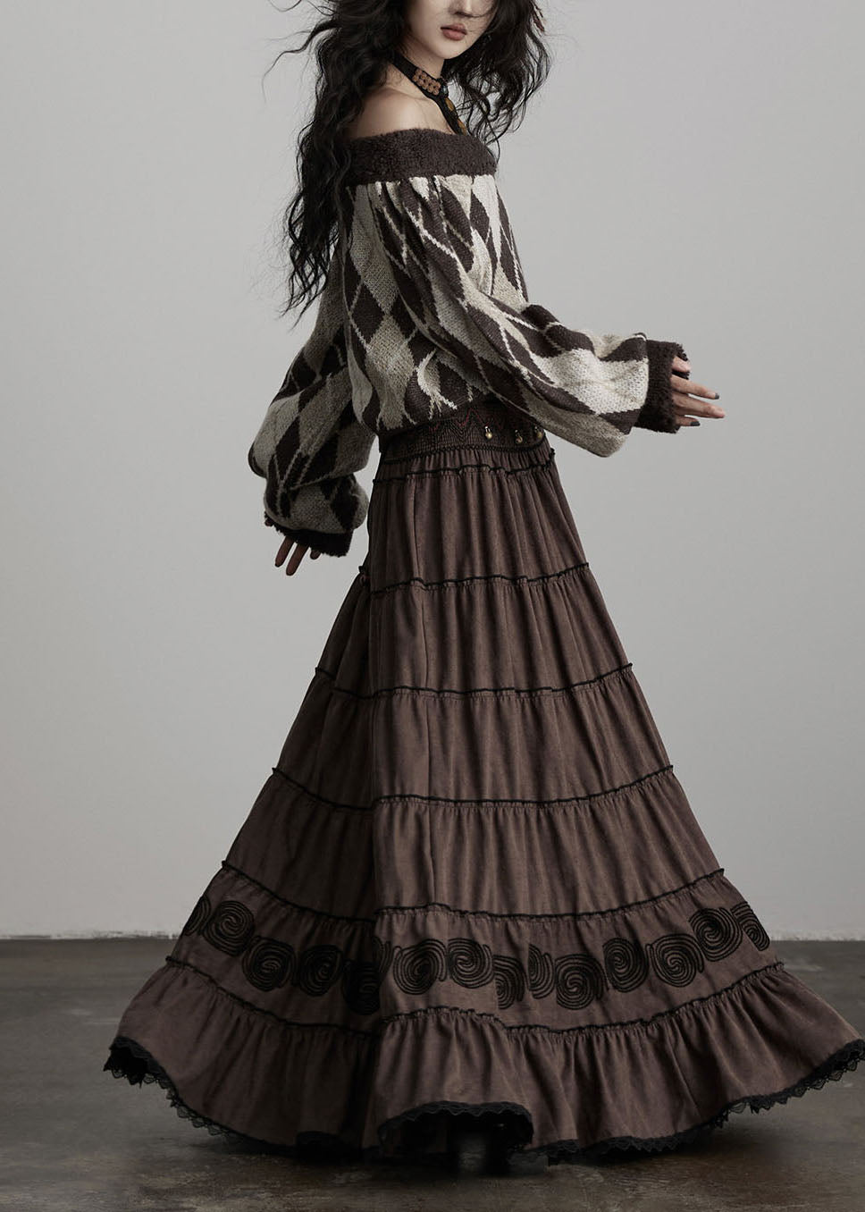 Elegant Brown Embroidered Tasseled Cotton Holiday Skirt Spring