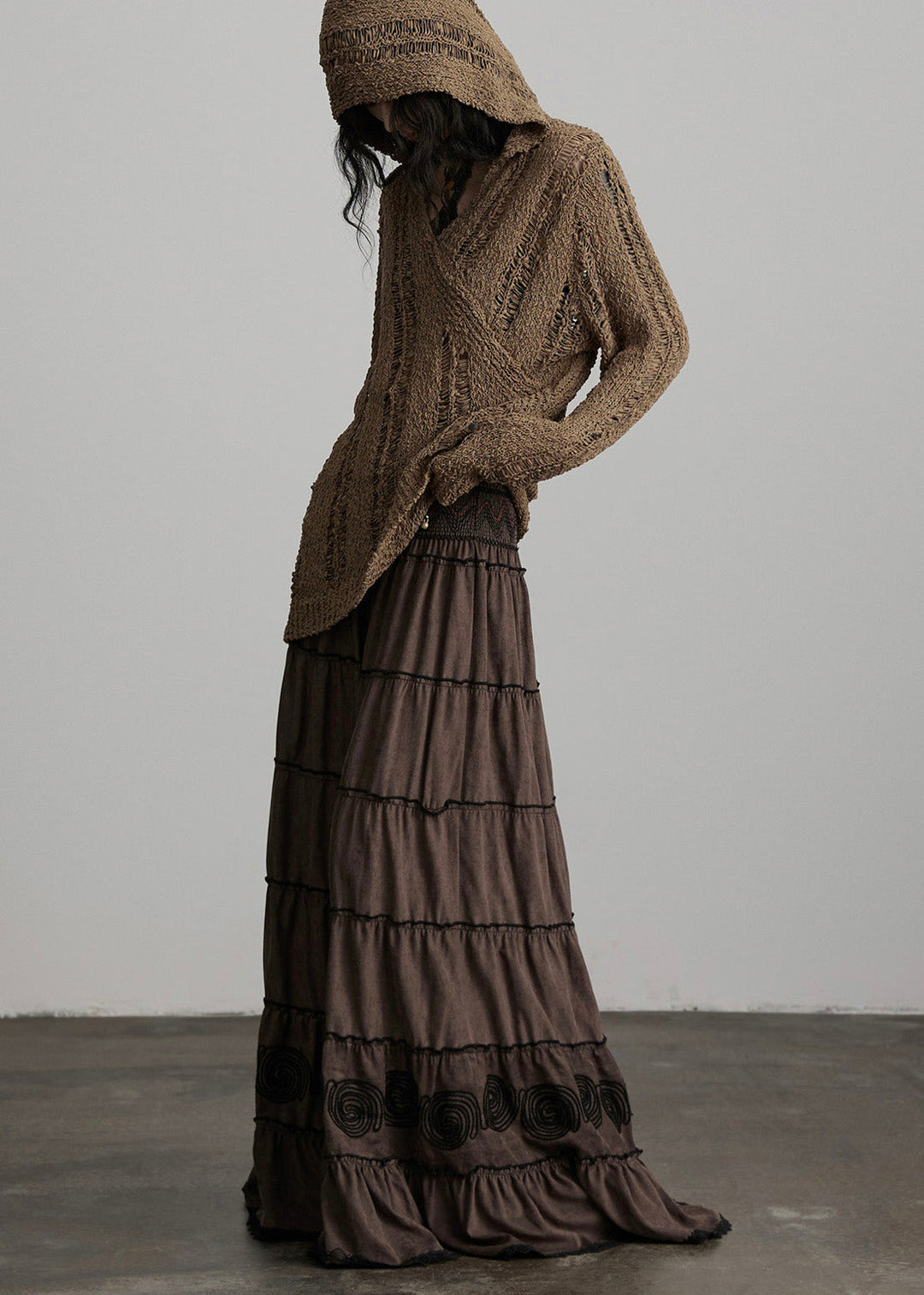 Elegant Brown Embroidered Tasseled Cotton Holiday Skirt Spring