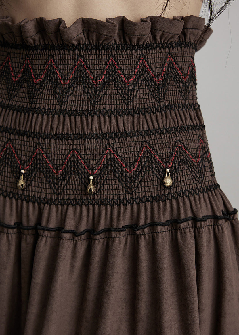 Elegant Brown Embroidered Tasseled Cotton Holiday Skirt Spring