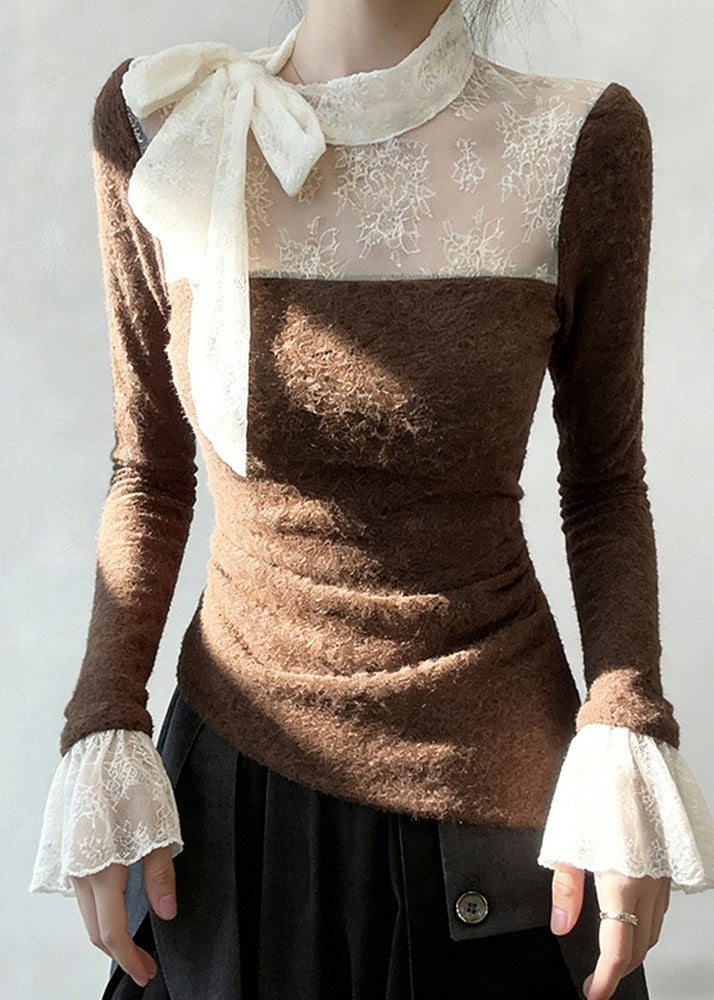 Elegant Brown Lace Up Lace Patchwork T Shirt Flare Sleeve