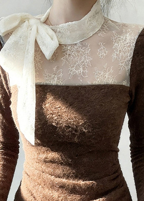 Elegant Brown Lace Up Lace Patchwork T Shirt Flare Sleeve