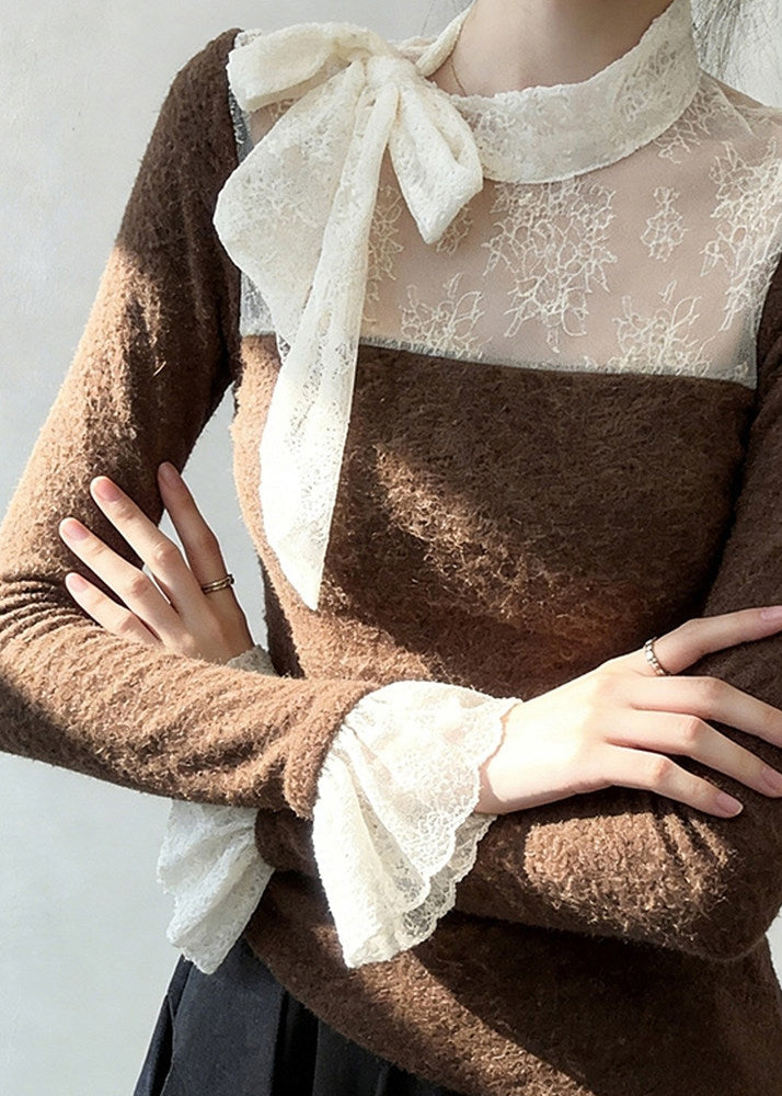 Elegant Brown Lace Up Lace Patchwork T Shirt Flare Sleeve