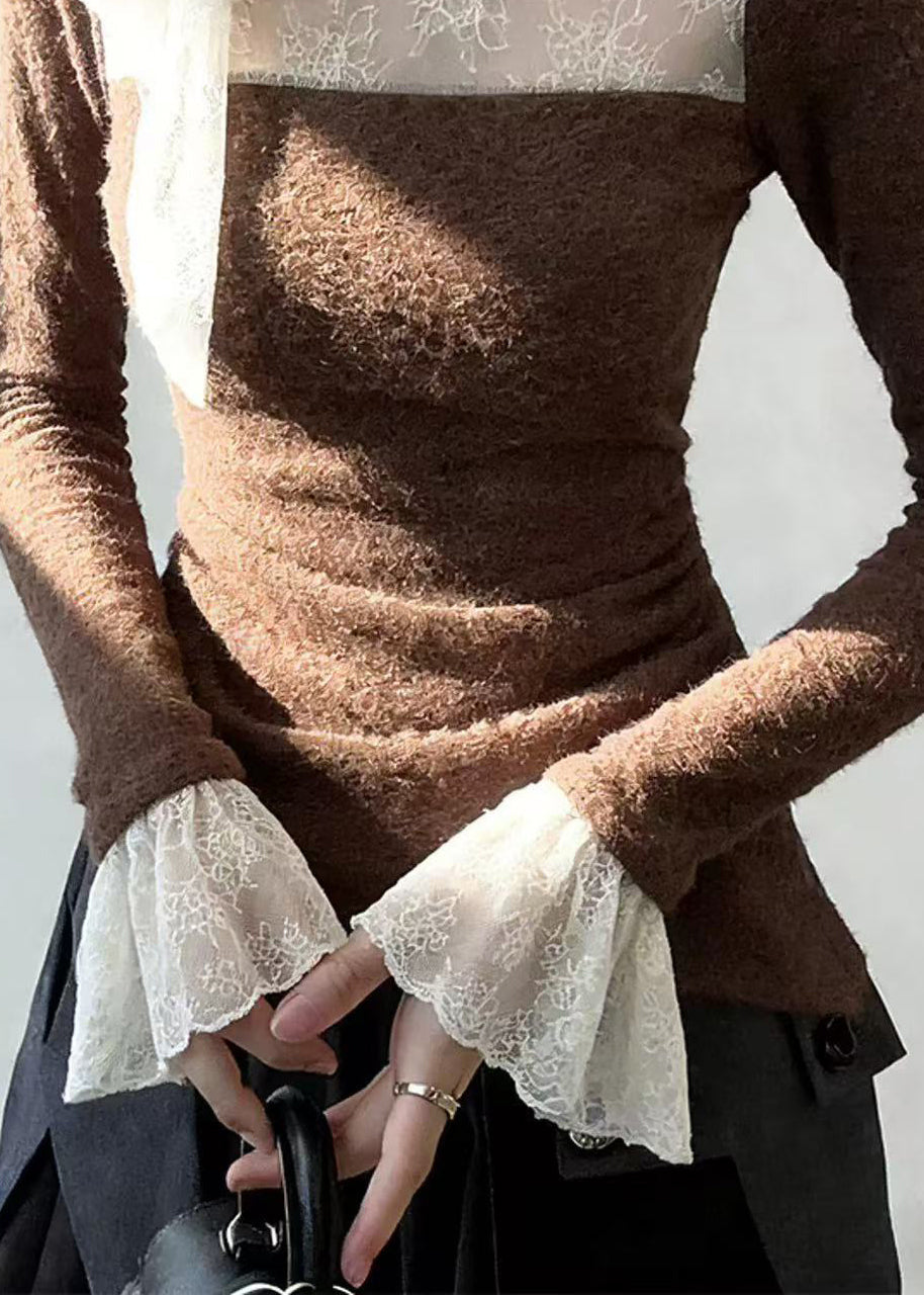 Elegant Brown Lace Up Lace Patchwork T Shirt Flare Sleeve