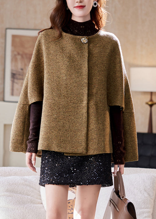 Elegant Brown O-Neck Button Woolen Coats Batwing Sleeve