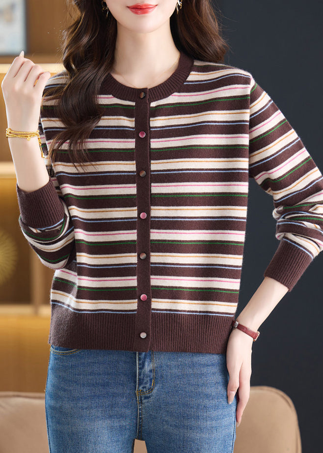 Elegant Brown O-Neck Striped Knit Cardigan Fall