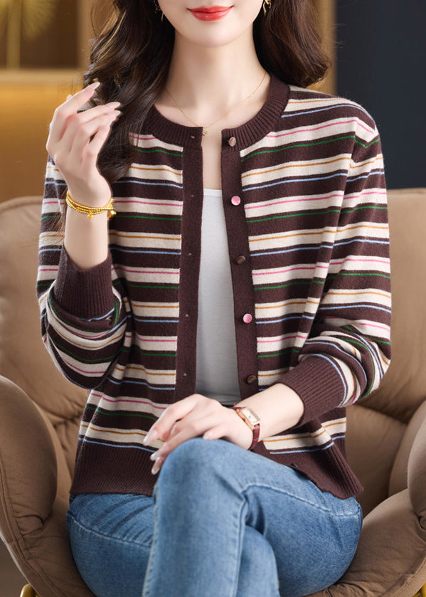 Elegant Brown O-Neck Striped Knit Cardigan Fall