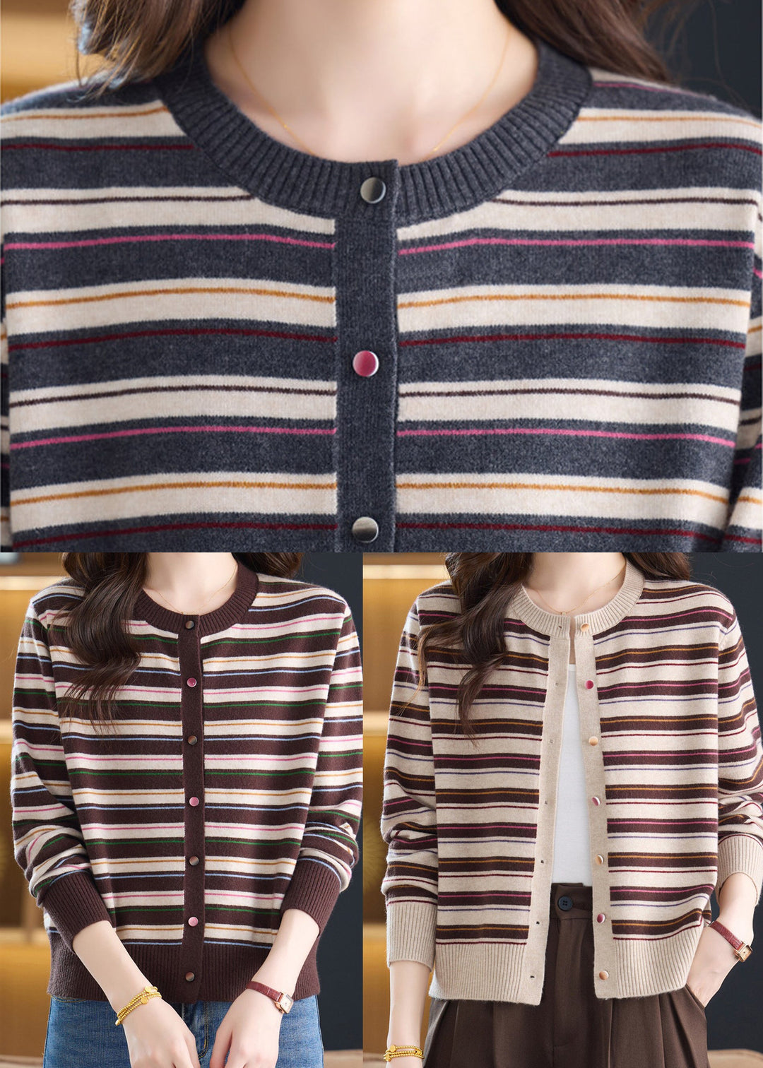 Elegant Brown O-Neck Striped Knit Cardigan Fall