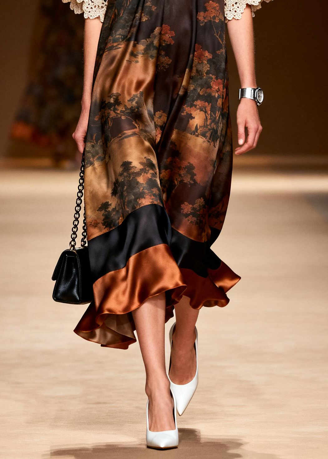 Elegant Brown Oversized Lace Patchwork Silk Dress Summer