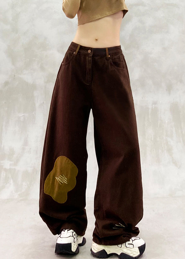 Elegant Brown Oversized Patchwork Applique Denim Pants Spring