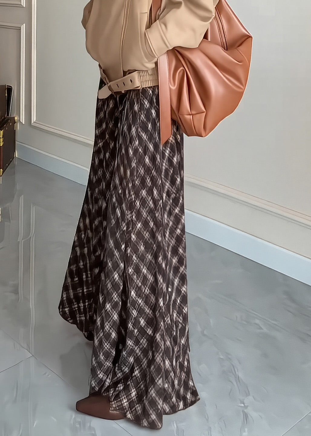 Elegant Brown Plaid Exra Large Hem Cotton Skirts Winter