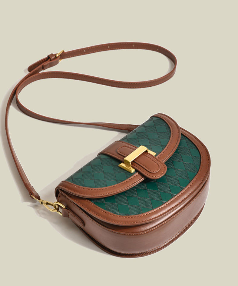 Elegant Brown Plaid Solid Durable Faux Leather Saddle Bag