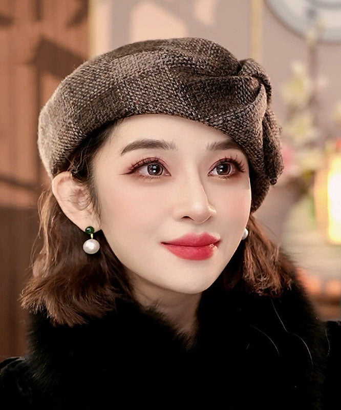 Elegant Brown Plaid Versatile Woolen Beret Hat