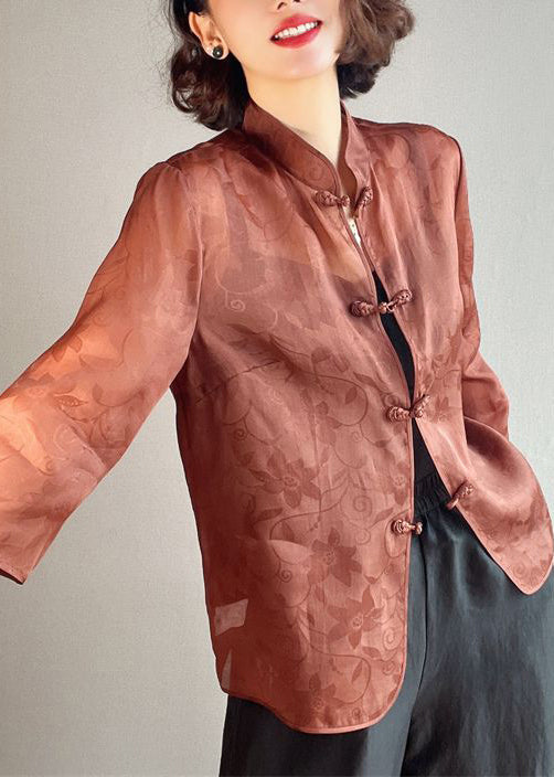 Elegant Brown Stand Collar Button Print Silk Blouses Summer