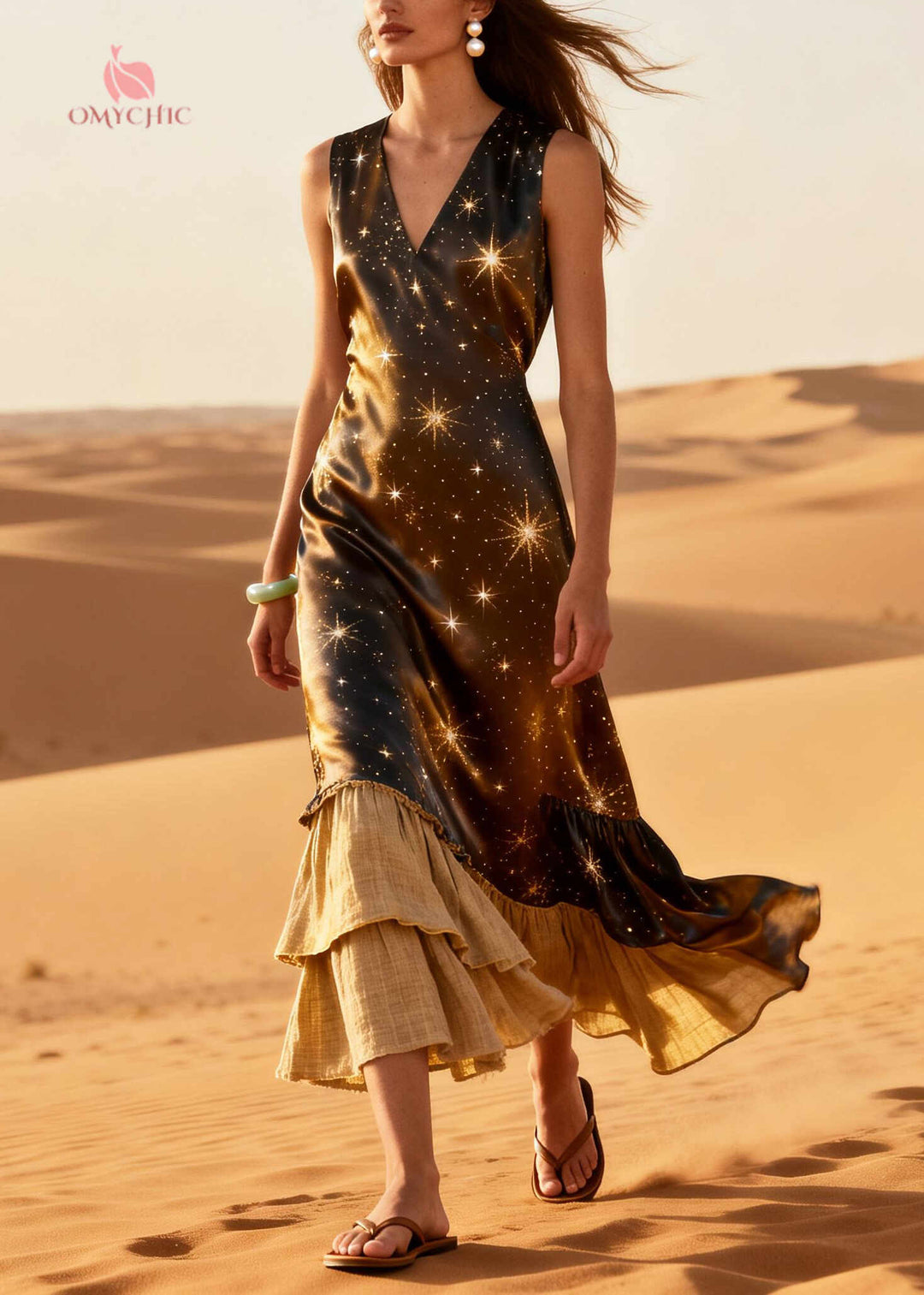 Elegant Brown Star Patchwork Linen Silk Maxi Dresses Summer