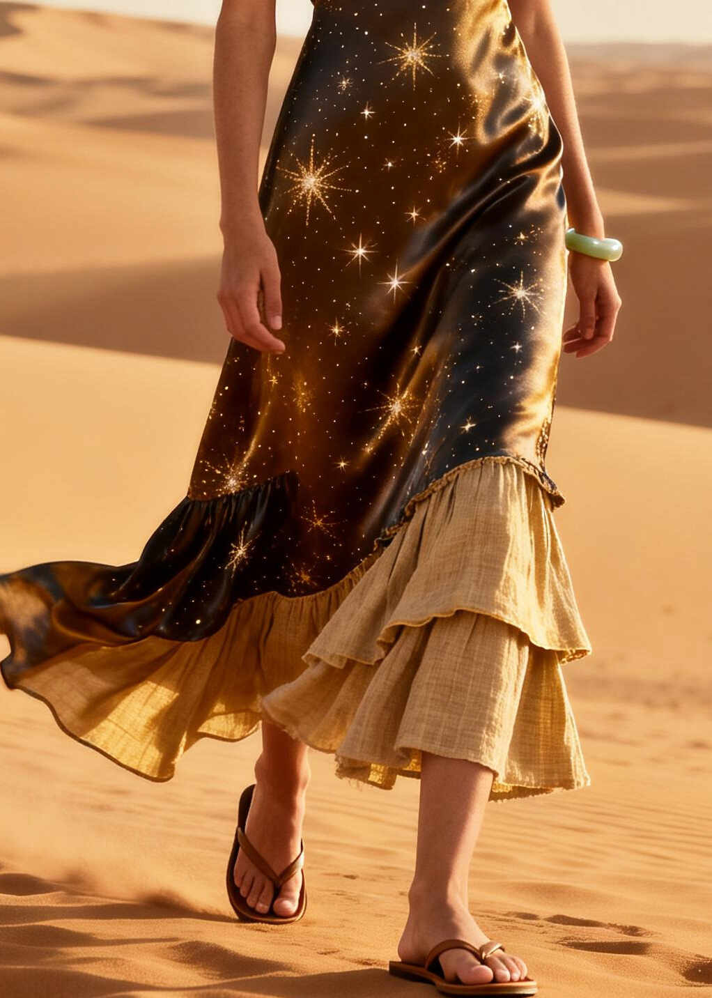 Elegant Brown Star Patchwork Linen Silk Maxi Dresses Summer