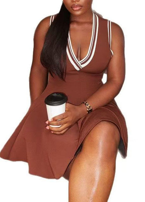 Elegant Brown V Neck Cotton A Line Dresses Summer