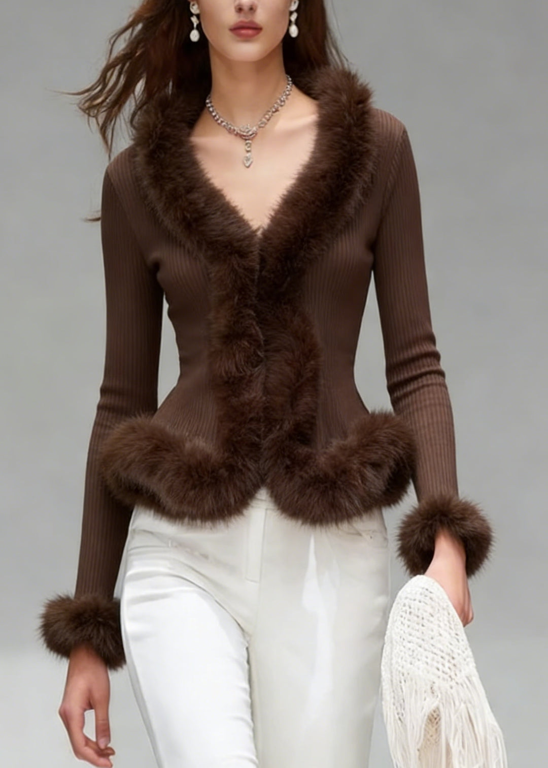 Elegant Brown V Neck Fuzzy Fur Patchwork Knit Top Spring