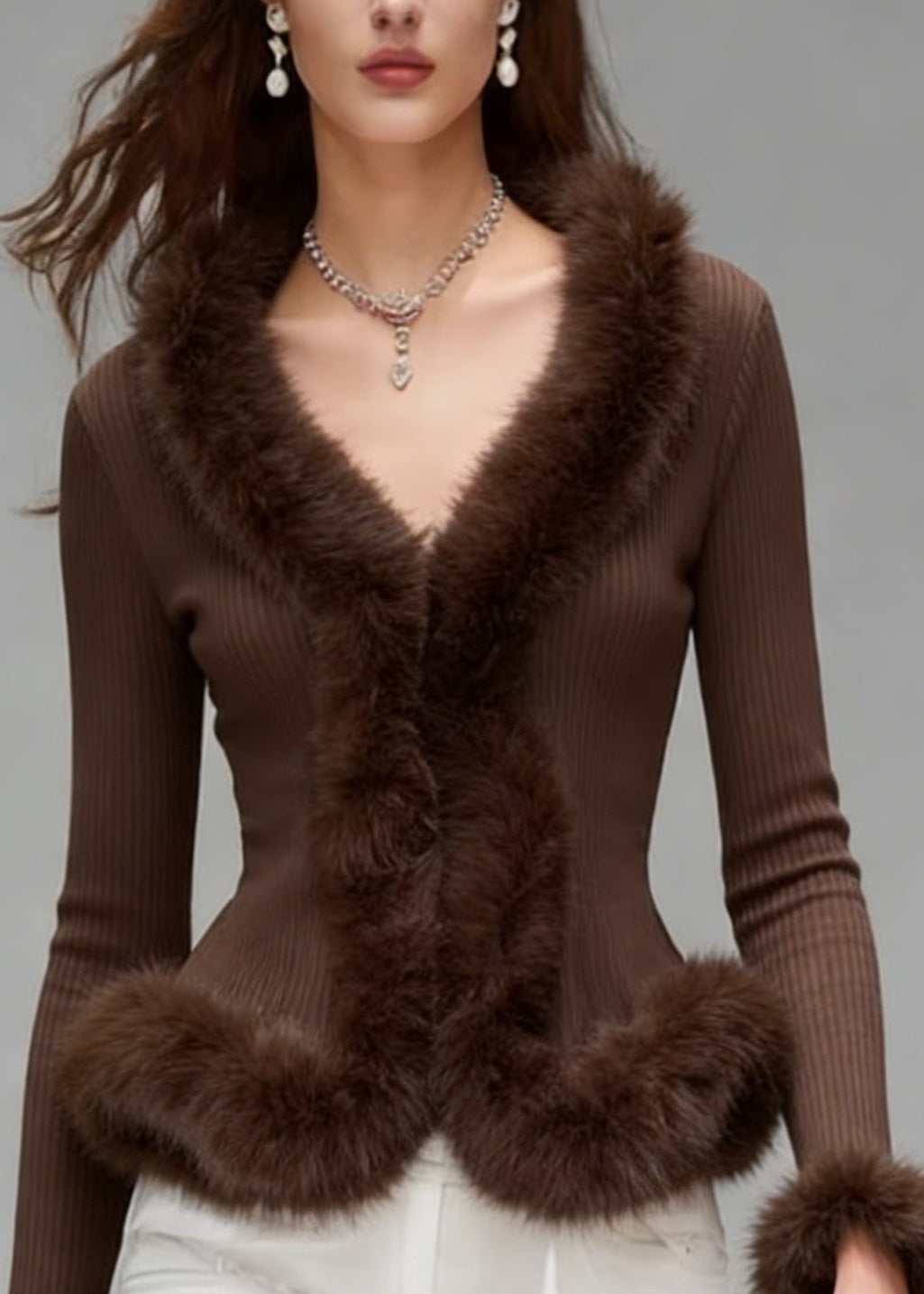 Elegant Brown V Neck Fuzzy Fur Patchwork Knit Top Spring