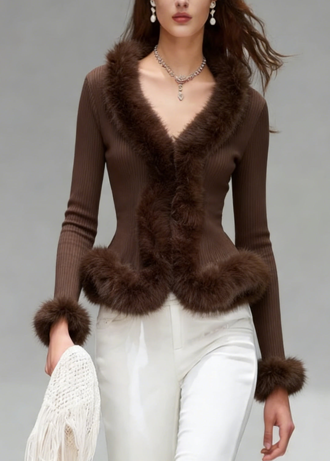 Elegant Brown V Neck Fuzzy Fur Patchwork Knit Top Spring