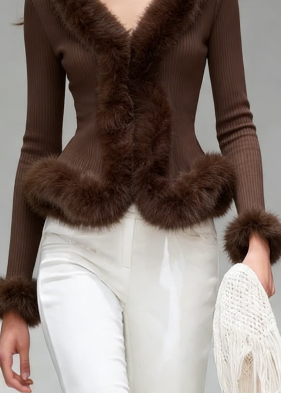 Elegant Brown V Neck Fuzzy Fur Patchwork Knit Top Spring