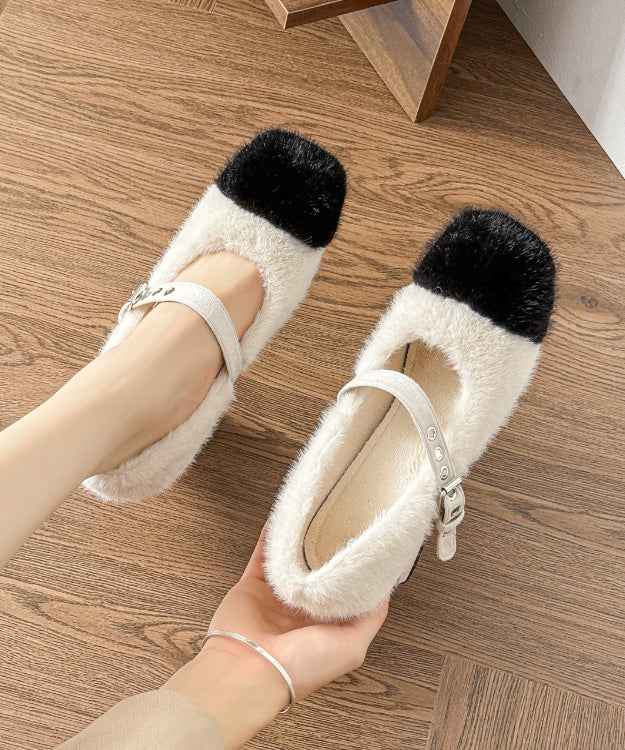 Elegant Buckle Strap Splicing Chunky High Heels Beige Fuzzy Fur
