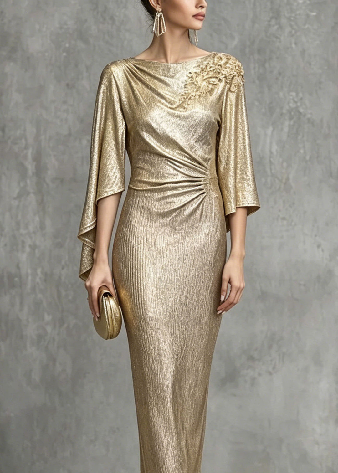 Elegant Champagne Asymmetrical Design Zircon Wrinkled Dress Summer