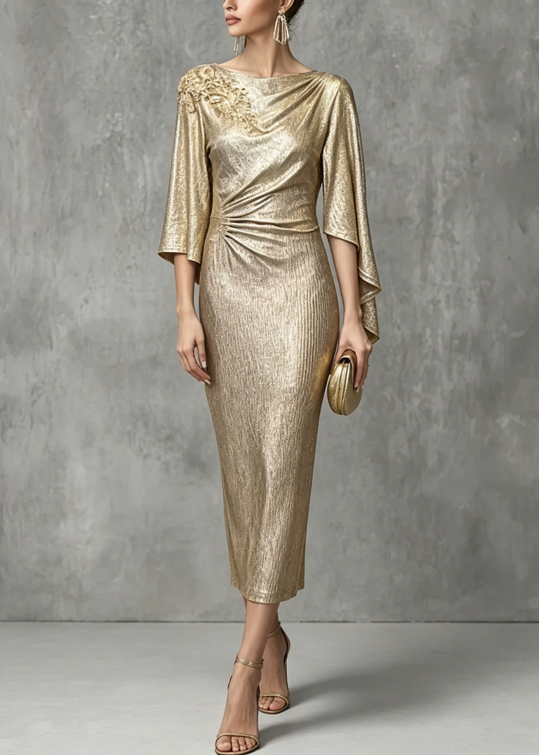 Elegant Champagne Asymmetrical Design Zircon Wrinkled Dress Summer