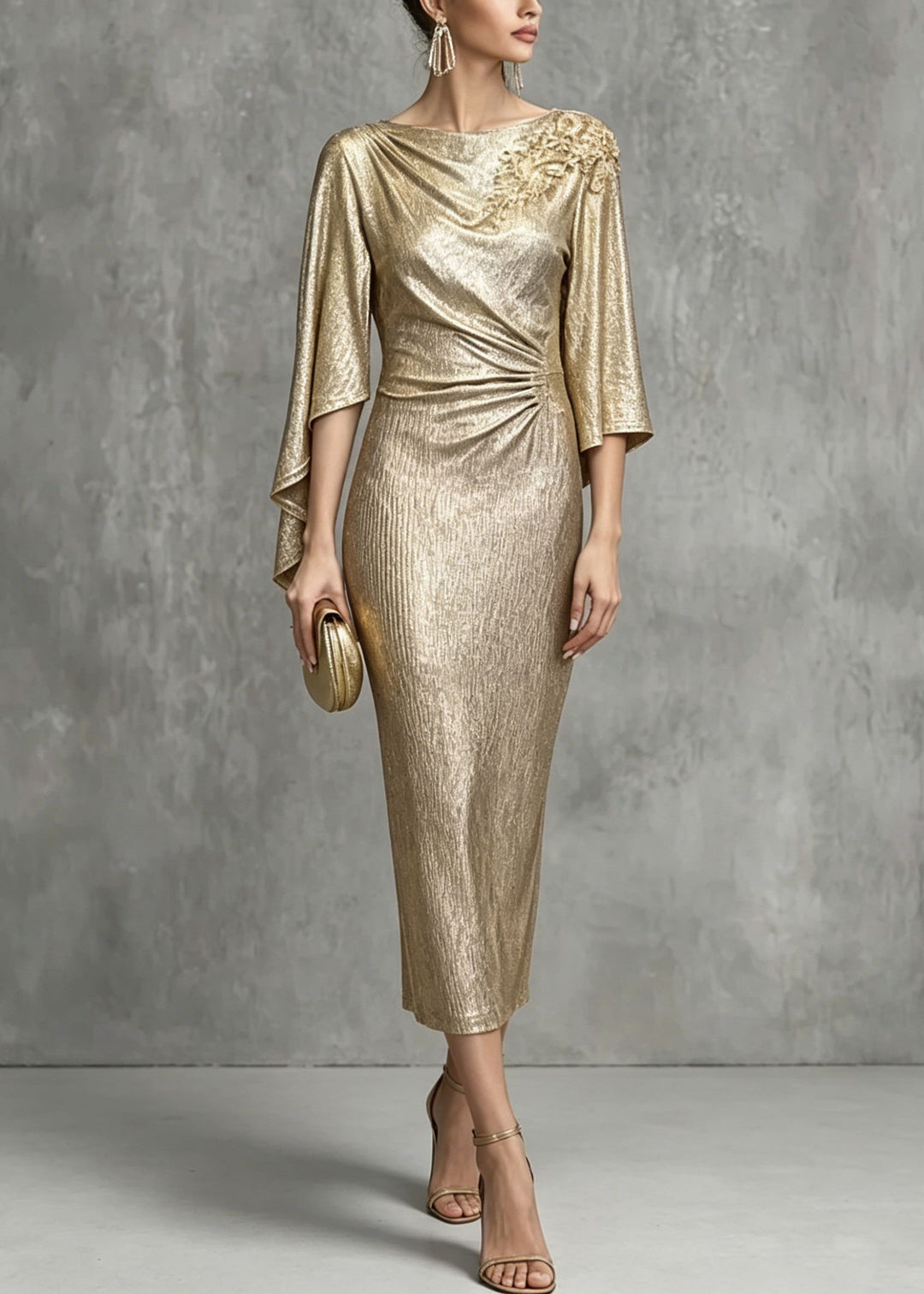 Elegant Champagne Asymmetrical Design Zircon Wrinkled Dress Summer