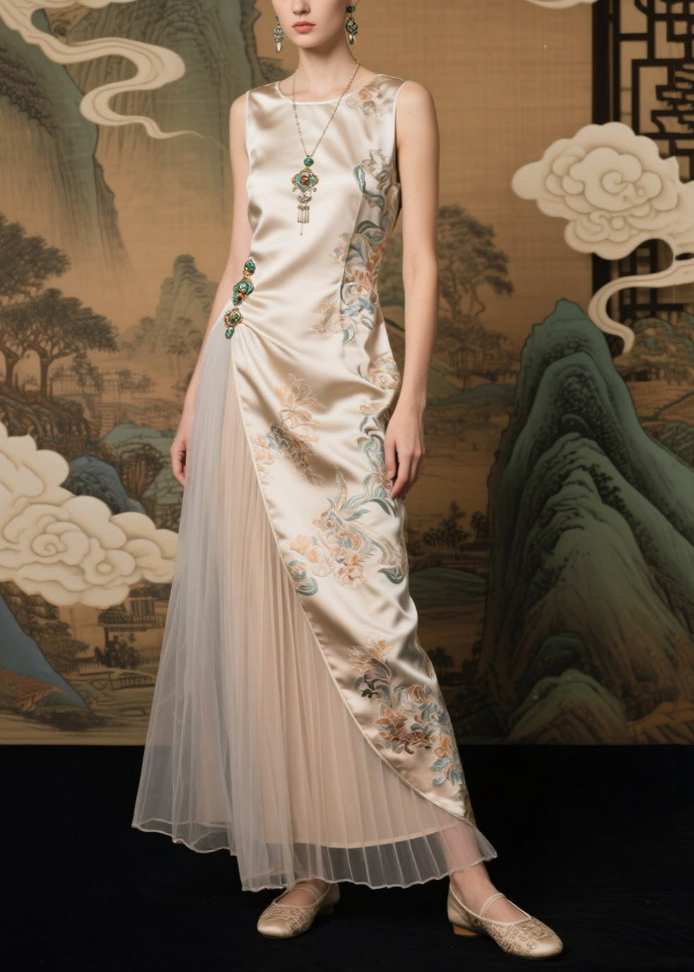 Elegant Champagne Jacquard Tulle Patchwork Silk Dresses Sleeveless