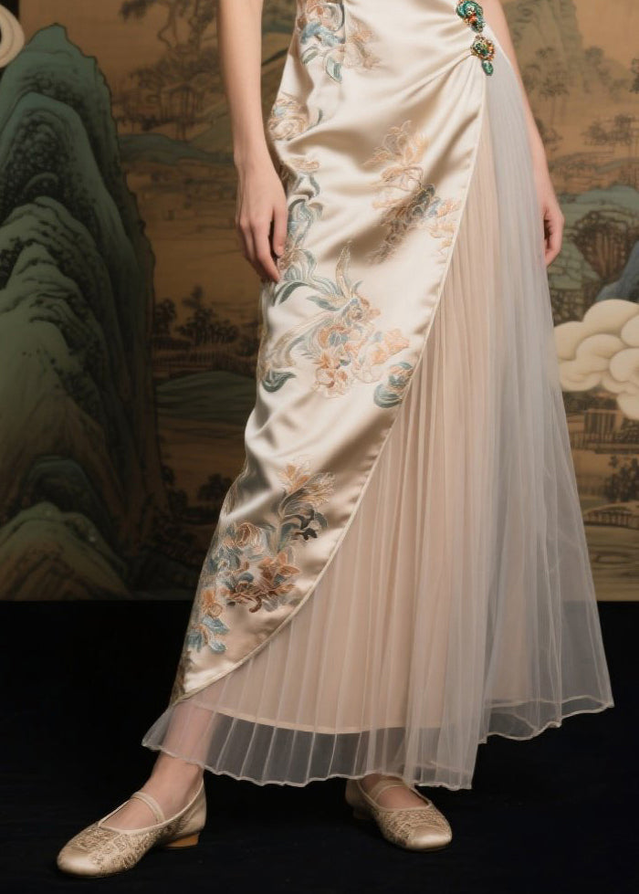 Elegant Champagne Jacquard Tulle Patchwork Silk Dresses Sleeveless