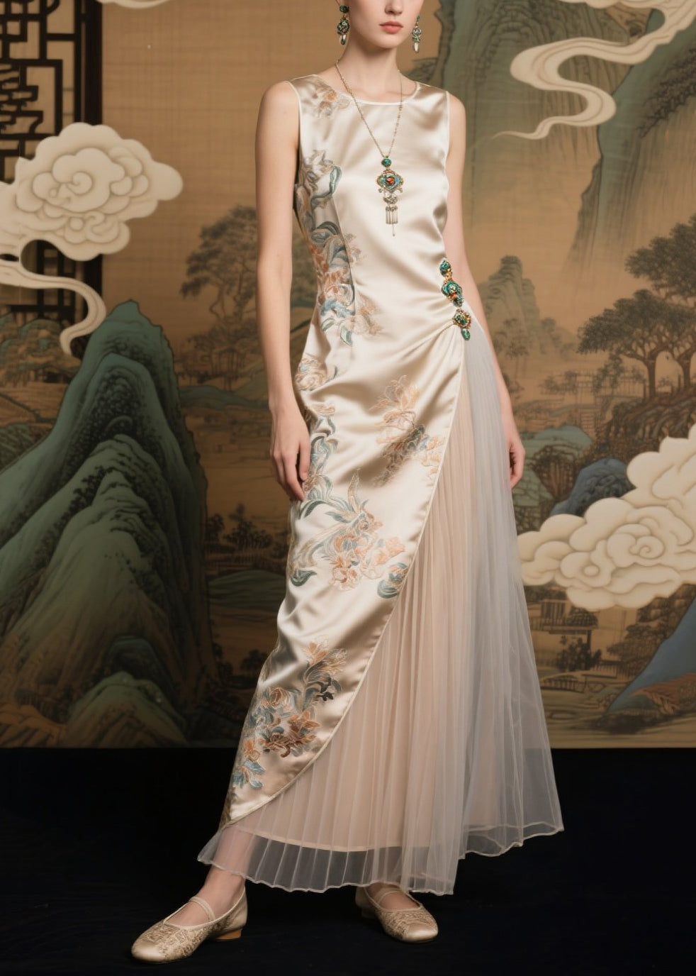 Elegant Champagne Jacquard Tulle Patchwork Silk Dresses Sleeveless