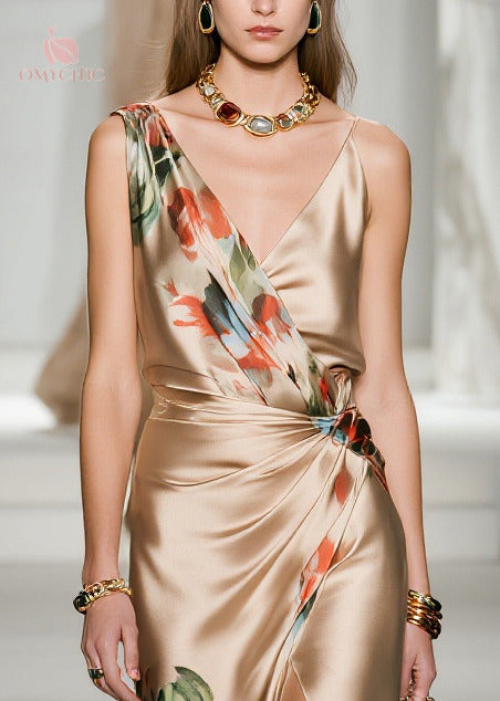 Elegant Champagne Print Side Open Silk Party Dress Summer