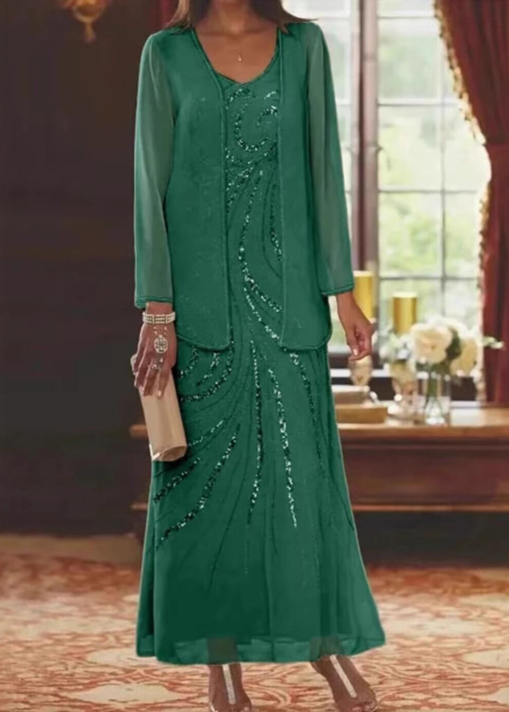 Elegant Champagne V Neck Sequins Chiffon Two Piece Suit Set Summer