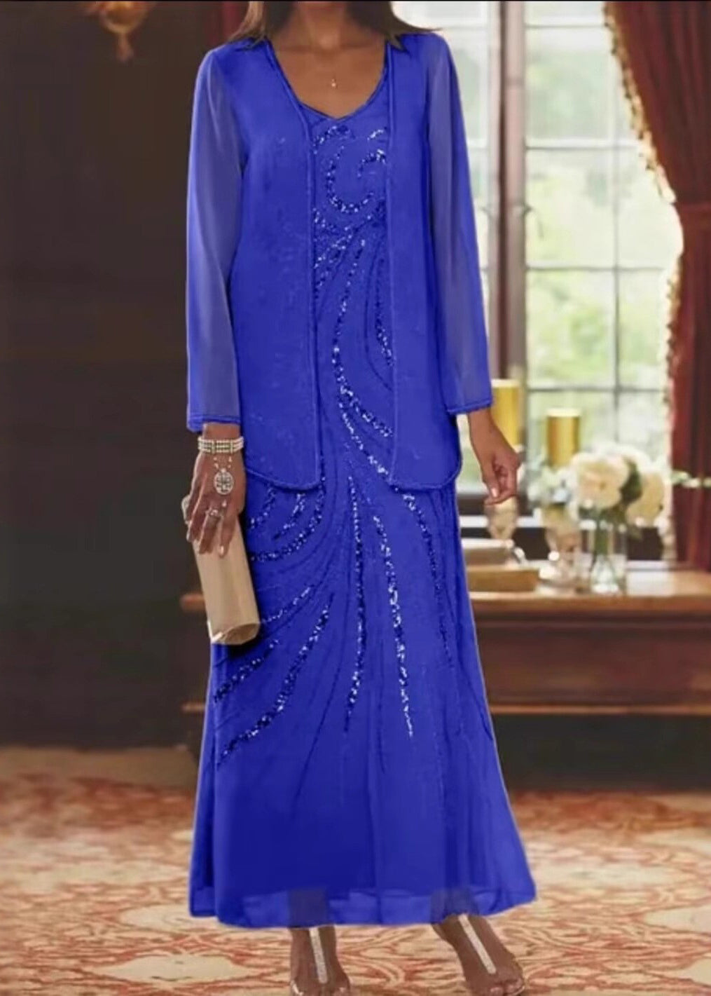 Elegant Champagne V Neck Sequins Chiffon Two Piece Suit Set Summer