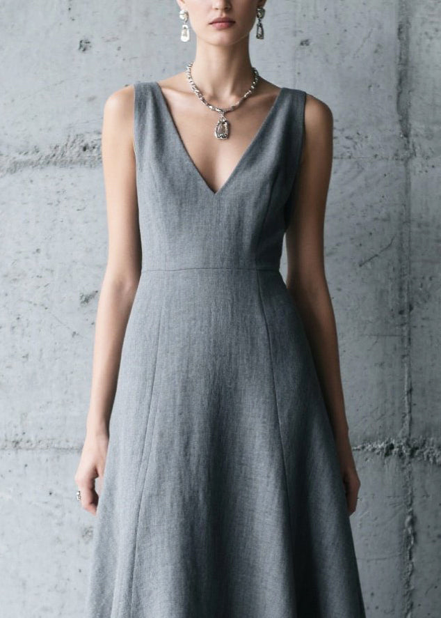 Elegant Charcoal Grey V Neck Patchwork Cotton Long Dress Summer